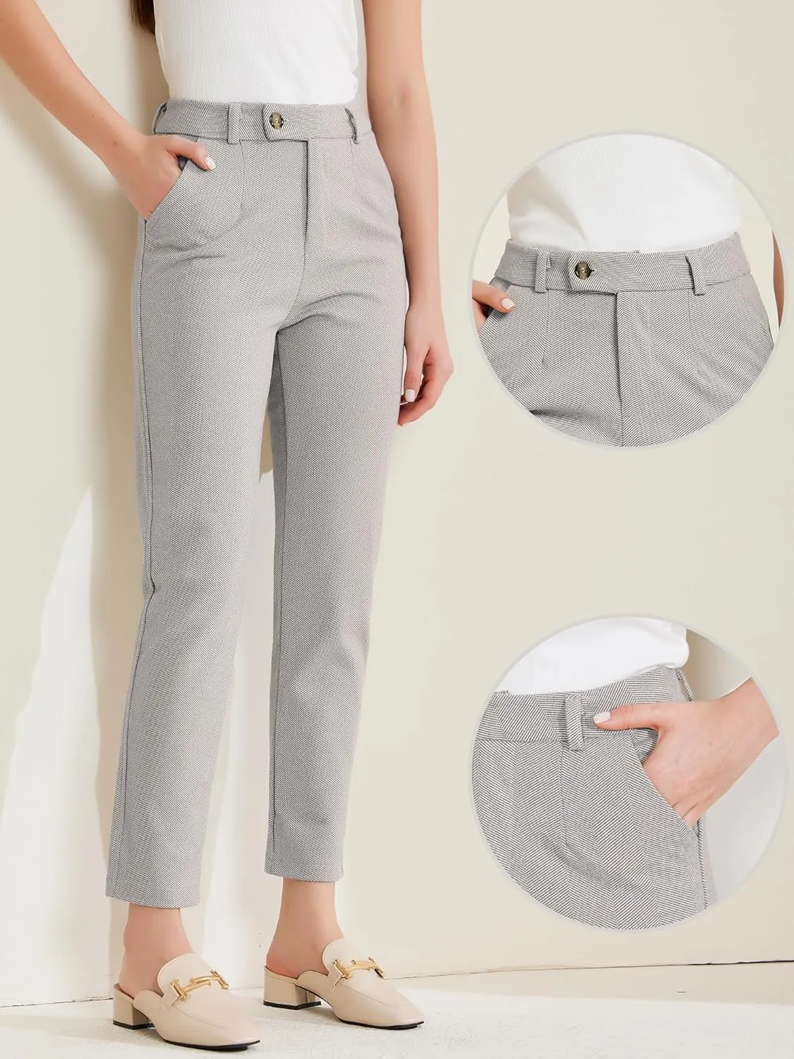 Allegra K Straight Pants for Women Baggy Casual Button Down High Waist Cropped Pants with Pockets