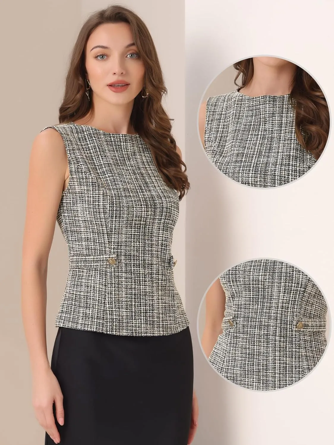Allegra K Tweed Top for Women's Elegant Plaid Print Sleeveless Crew Neck Waist Buckle Back Zipper Blazer Vest Tops