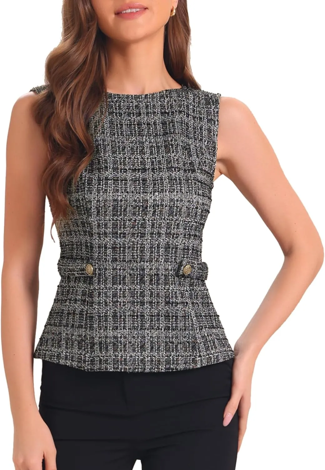 Allegra K Tweed Top for Women's Elegant Plaid Print Sleeveless Crew Neck Waist Buckle Back Zipper Blazer Vest Tops