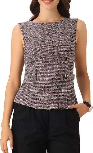 Allegra K Tweed Top for Women's Elegant Plaid Print Sleeveless Crew Neck Waist Buckle Back Zipper Blazer Vest Tops