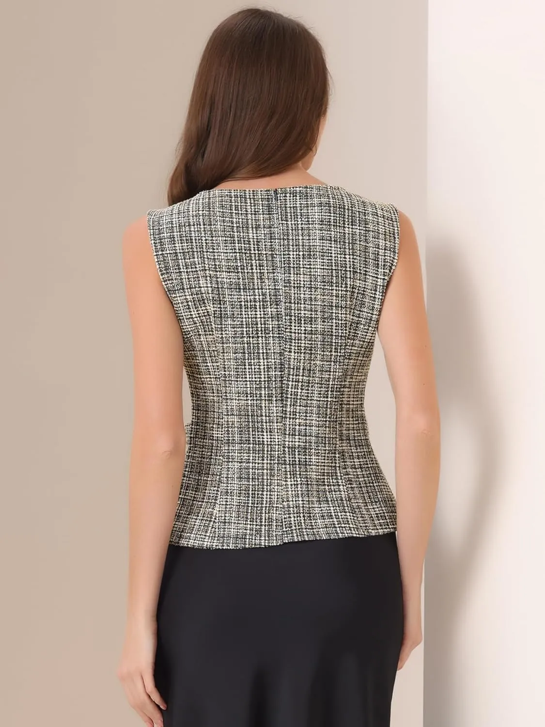 Allegra K Tweed Top for Women's Elegant Plaid Print Sleeveless Crew Neck Waist Buckle Back Zipper Blazer Vest Tops