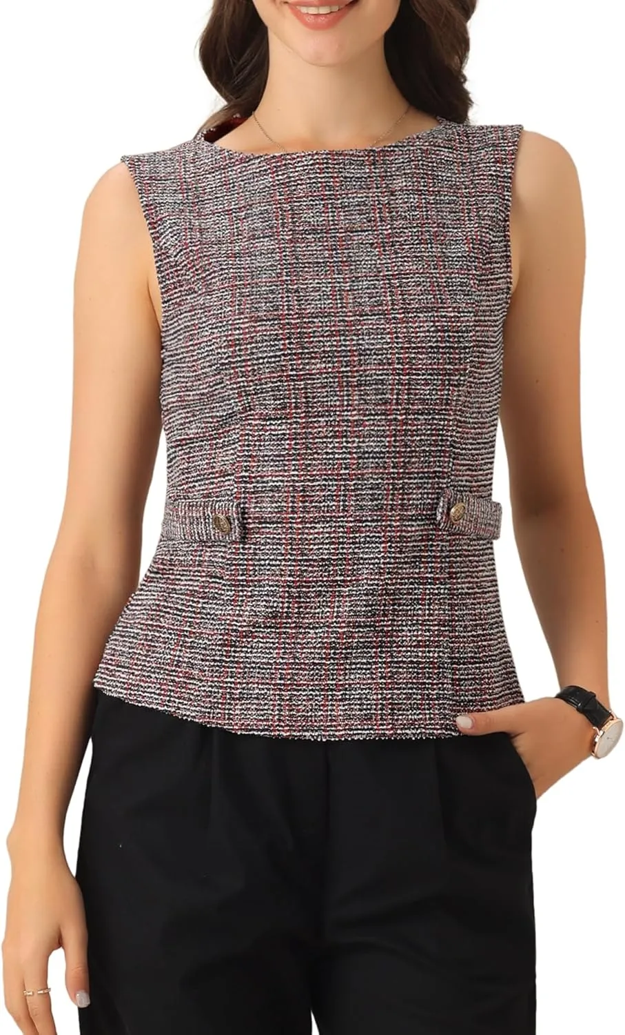 Allegra K Tweed Top for Women's Elegant Plaid Print Sleeveless Crew Neck Waist Buckle Back Zipper Blazer Vest Tops