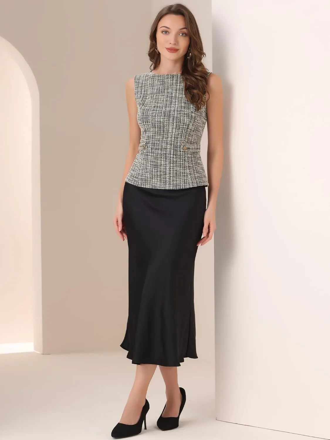 Allegra K Tweed Top for Women's Elegant Plaid Print Sleeveless Crew Neck Waist Buckle Back Zipper Blazer Vest Tops