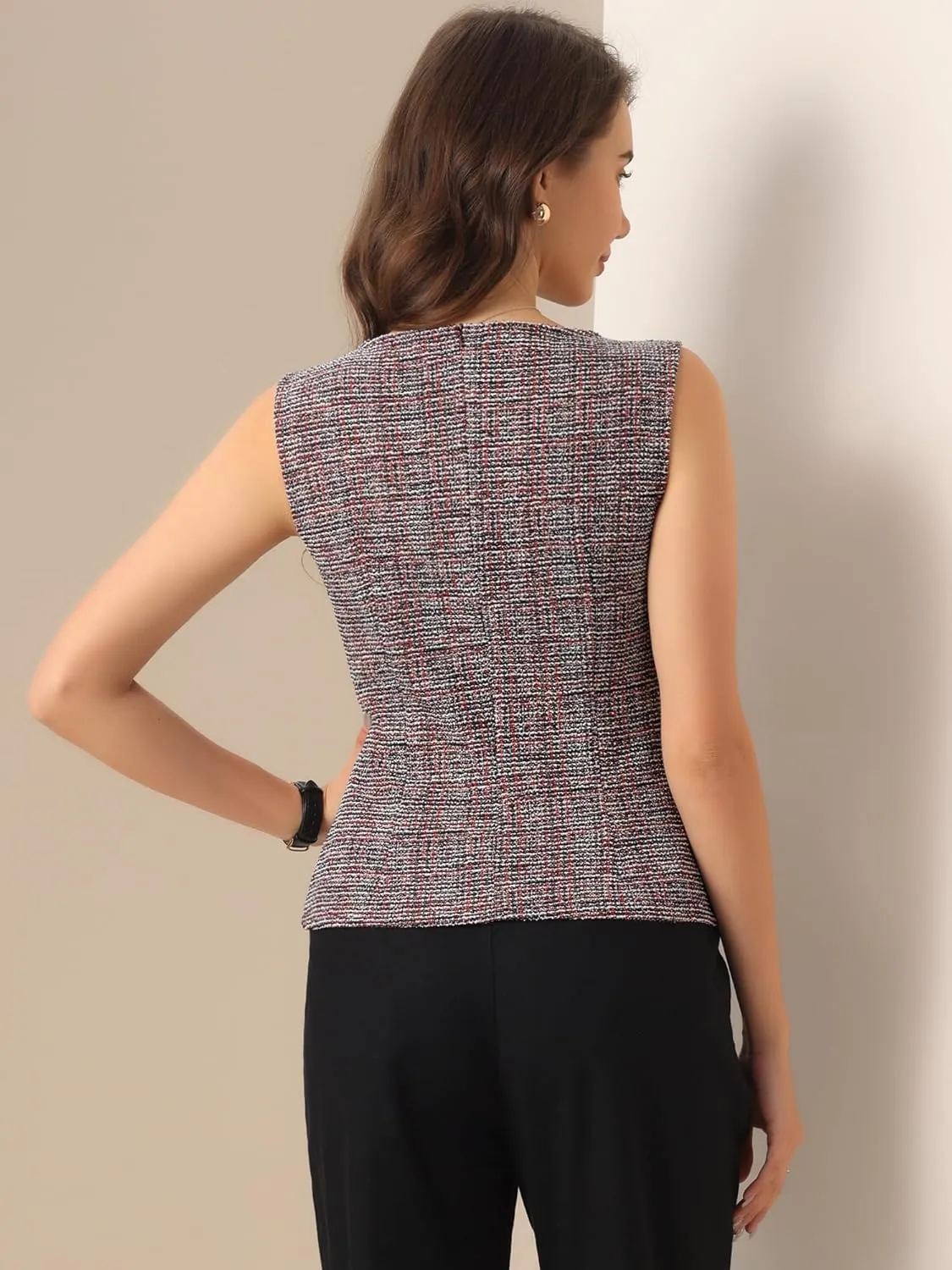 Allegra K Tweed Top for Women's Elegant Plaid Print Sleeveless Crew Neck Waist Buckle Back Zipper Blazer Vest Tops