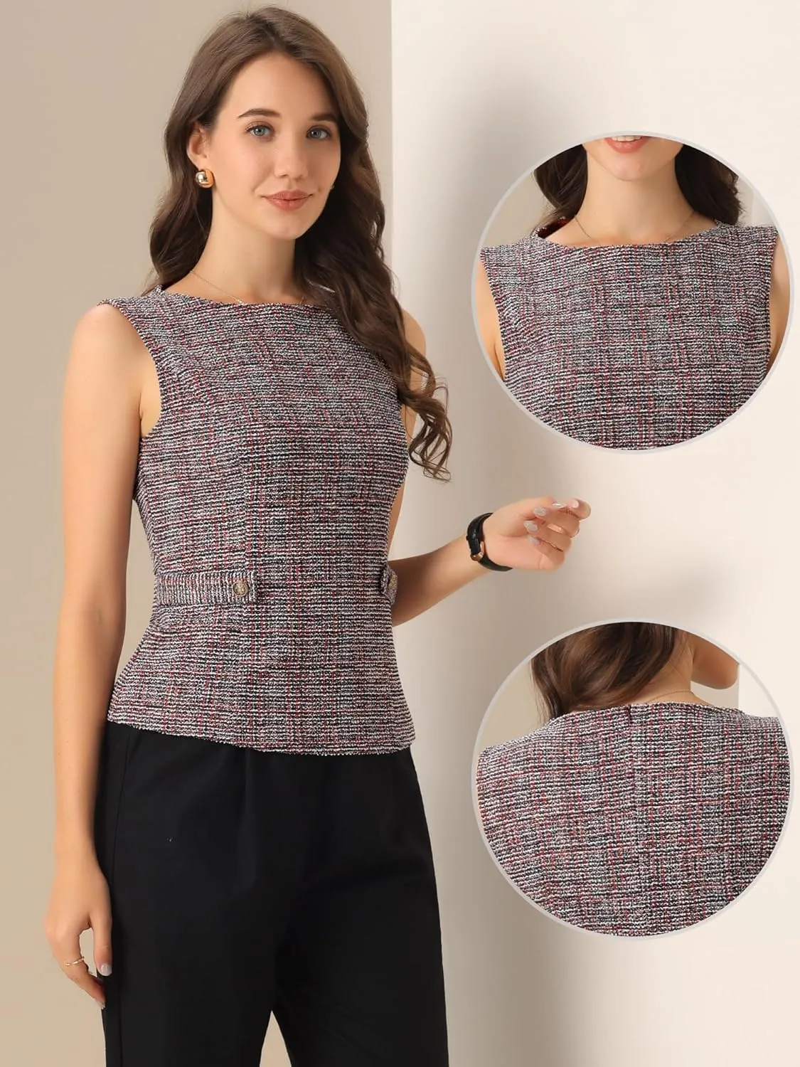 Allegra K Tweed Top for Women's Elegant Plaid Print Sleeveless Crew Neck Waist Buckle Back Zipper Blazer Vest Tops