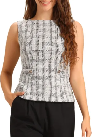 Allegra K Tweed Top for Women's Elegant Plaid Print Sleeveless Crew Neck Waist Buckle Back Zipper Blazer Vest Tops