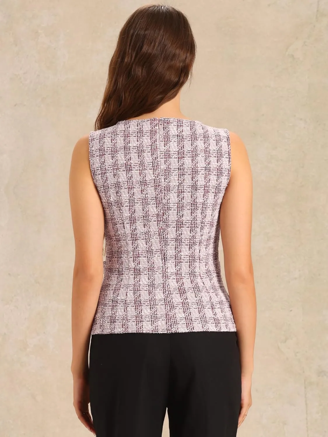 Allegra K Tweed Top for Women's Elegant Plaid Print Sleeveless Crew Neck Waist Buckle Back Zipper Blazer Vest Tops
