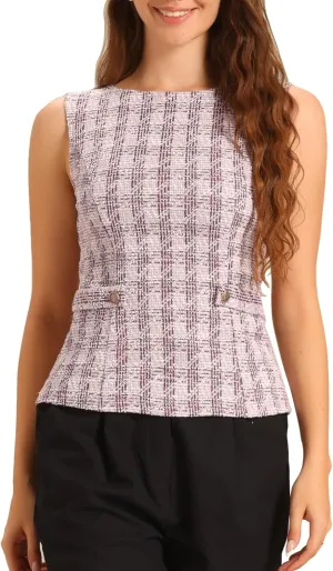 Allegra K Tweed Top for Women's Elegant Plaid Print Sleeveless Crew Neck Waist Buckle Back Zipper Blazer Vest Tops