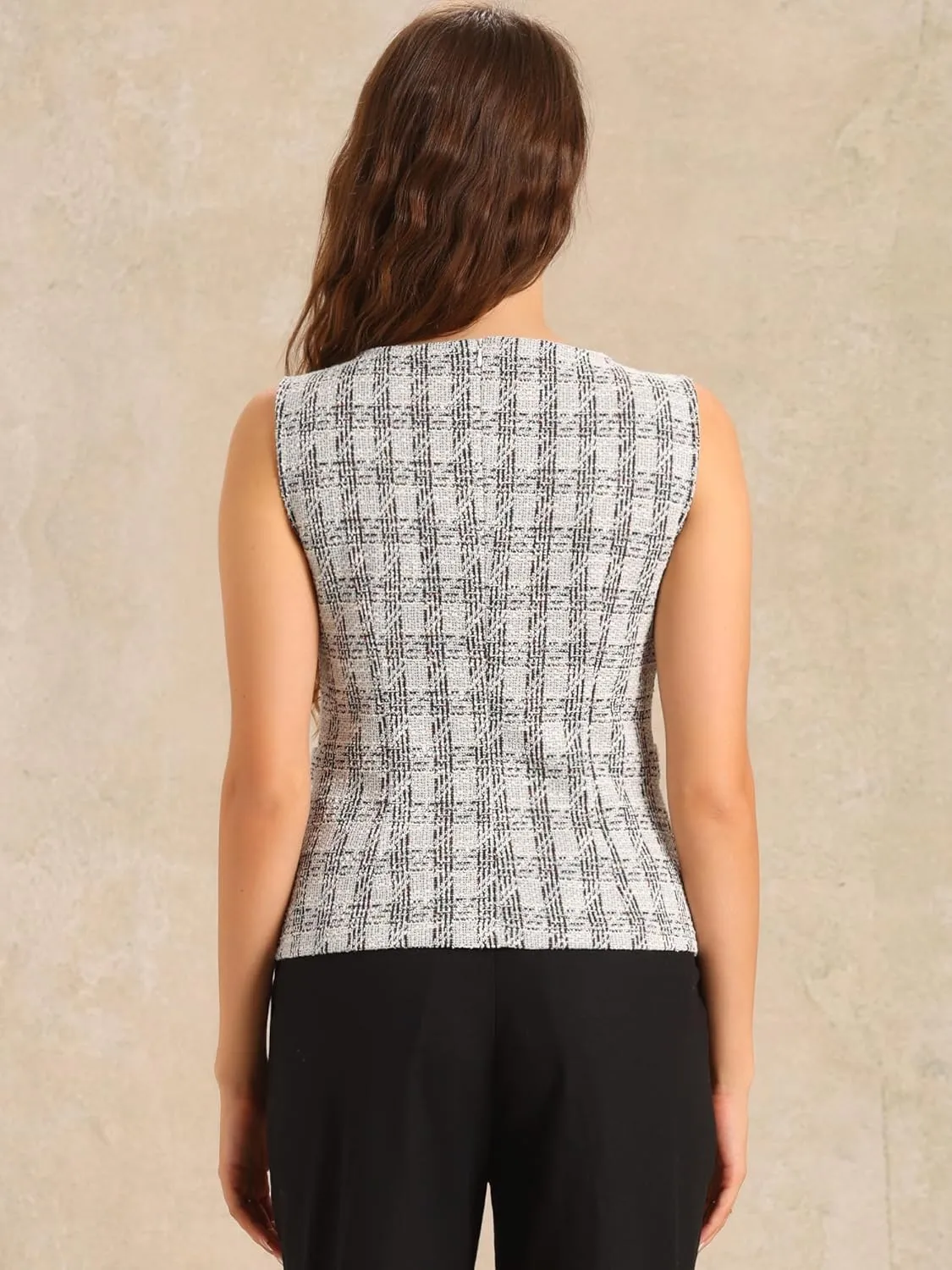 Allegra K Tweed Top for Women's Elegant Plaid Print Sleeveless Crew Neck Waist Buckle Back Zipper Blazer Vest Tops