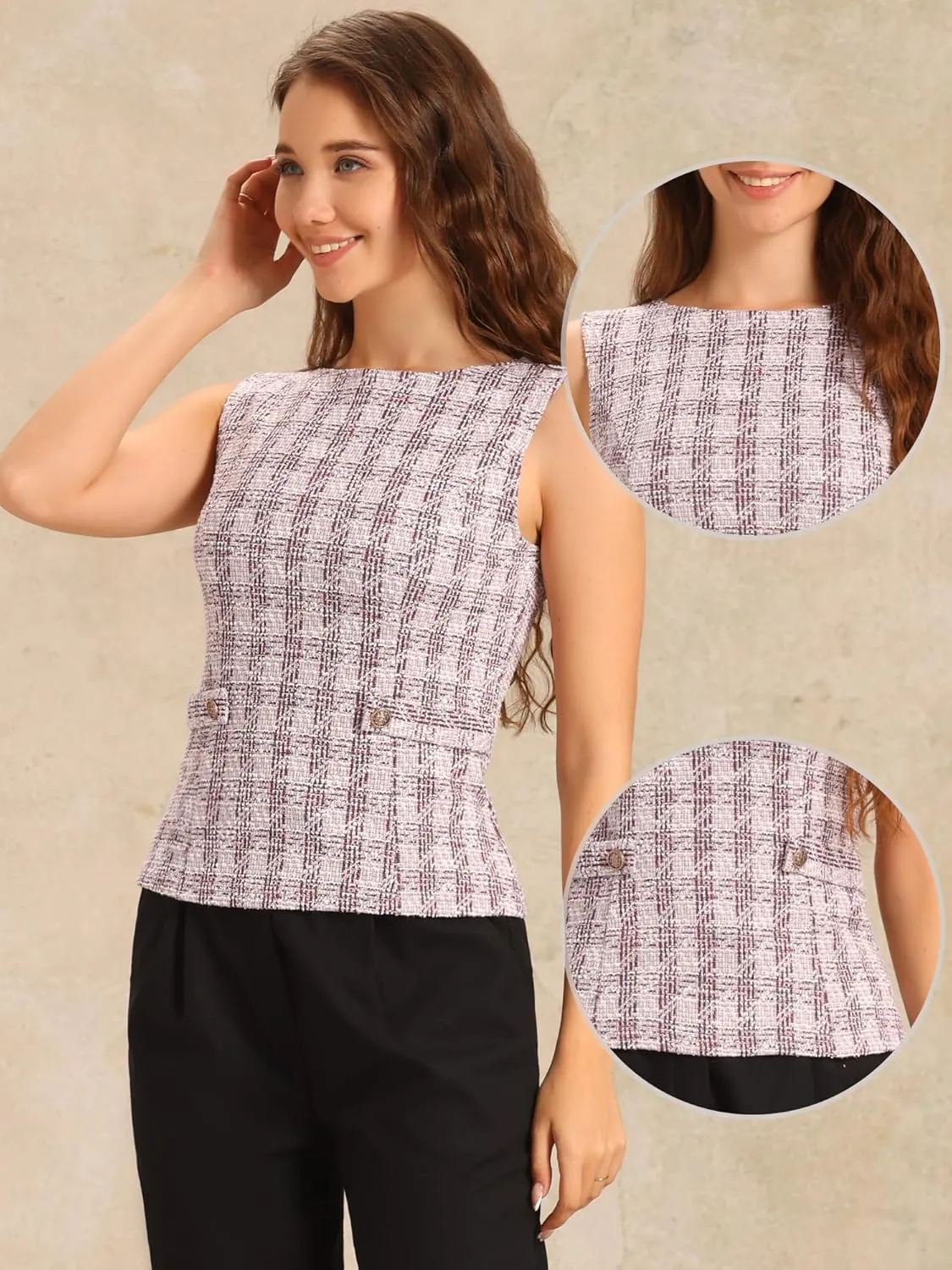 Allegra K Tweed Top for Women's Elegant Plaid Print Sleeveless Crew Neck Waist Buckle Back Zipper Blazer Vest Tops
