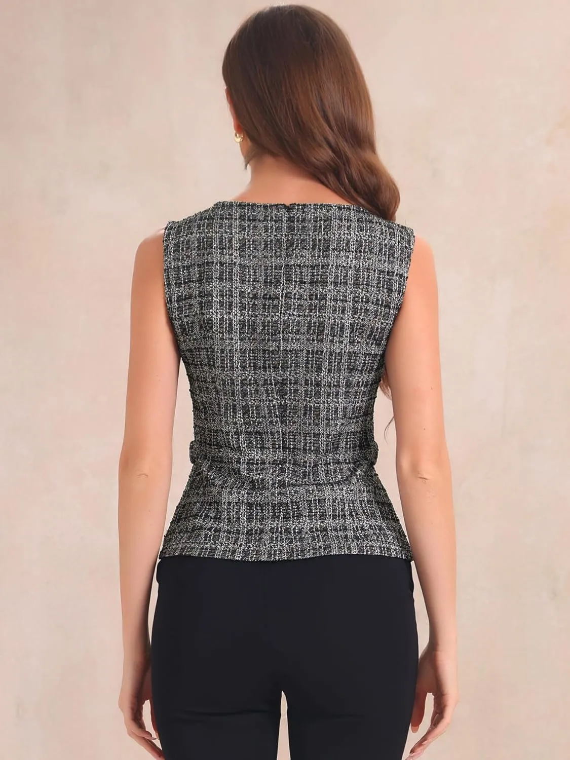Allegra K Tweed Top for Women's Elegant Plaid Print Sleeveless Crew Neck Waist Buckle Back Zipper Blazer Vest Tops