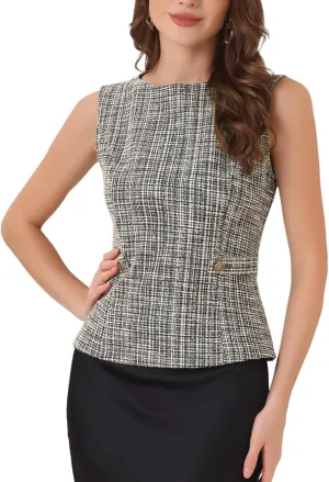 Allegra K Tweed Top for Women's Elegant Plaid Print Sleeveless Crew Neck Waist Buckle Back Zipper Blazer Vest Tops