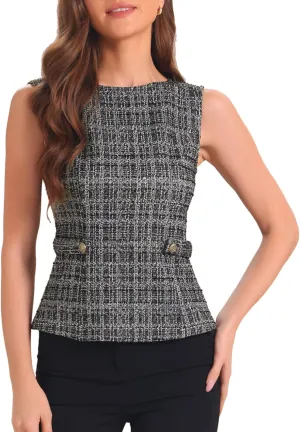 Allegra K Tweed Top for Women's Elegant Plaid Print Sleeveless Crew Neck Waist Buckle Back Zipper Blazer Vest Tops