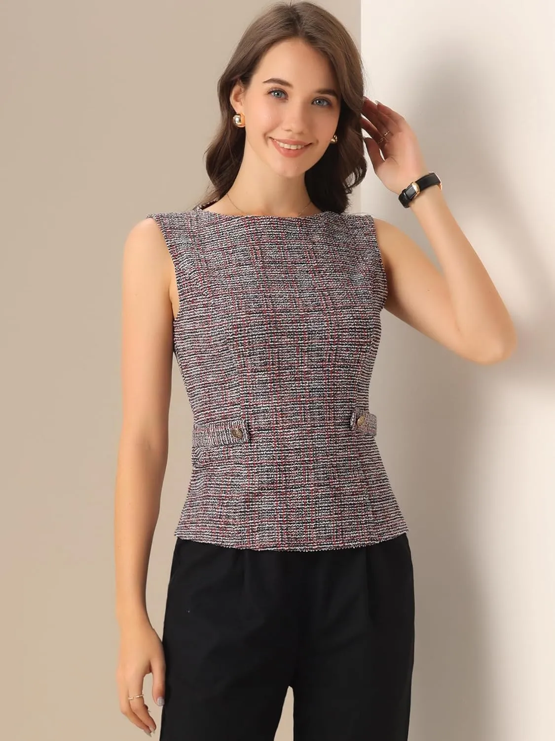 Allegra K Tweed Top for Women's Elegant Plaid Print Sleeveless Crew Neck Waist Buckle Back Zipper Blazer Vest Tops