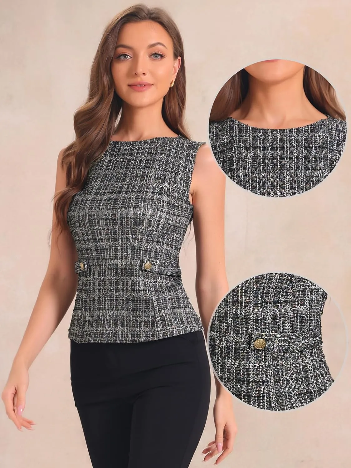 Allegra K Tweed Top for Women's Elegant Plaid Print Sleeveless Crew Neck Waist Buckle Back Zipper Blazer Vest Tops