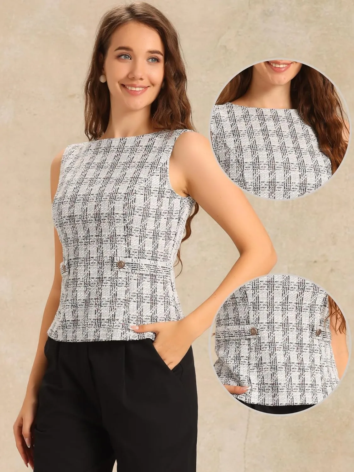 Allegra K Tweed Top for Women's Elegant Plaid Print Sleeveless Crew Neck Waist Buckle Back Zipper Blazer Vest Tops
