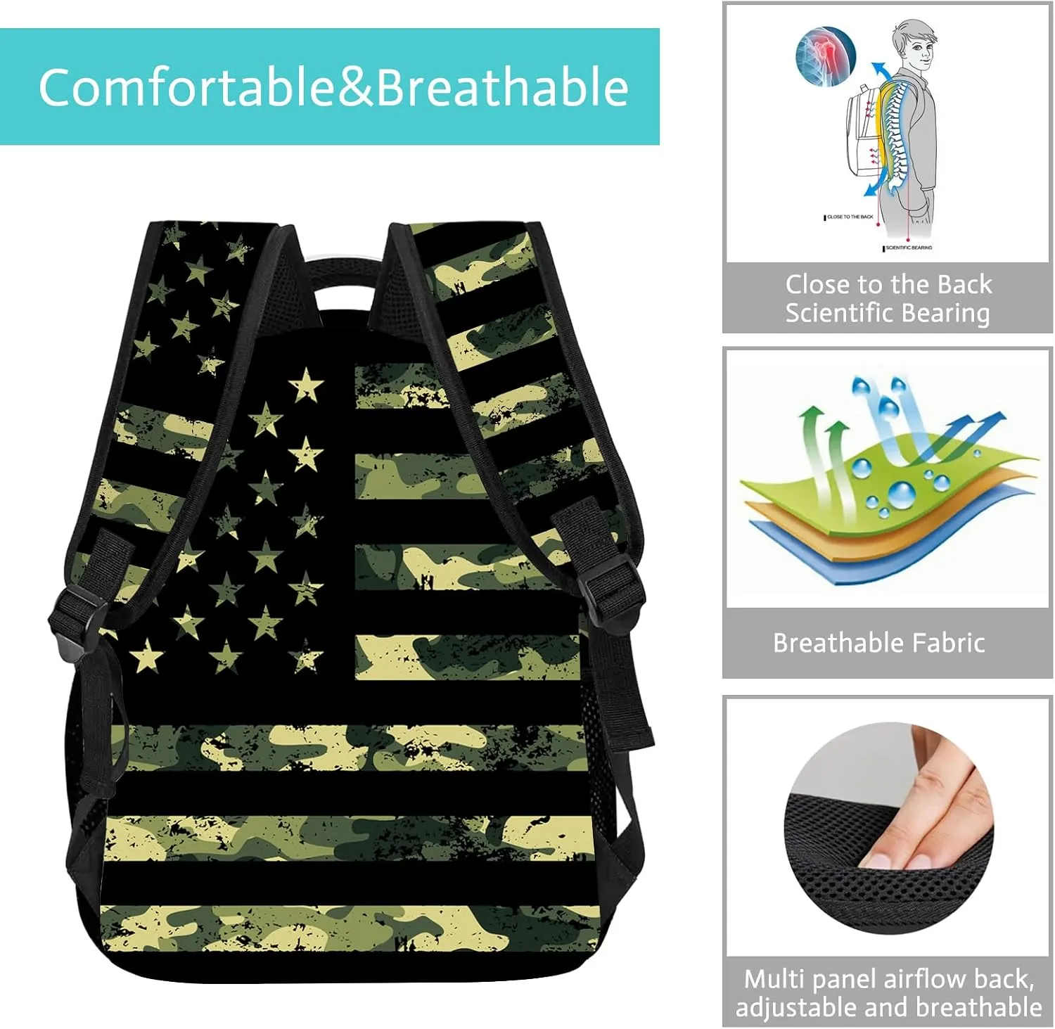 American Flag Camo Backpack for Boys USA Flag Camouflage Backpack, Kids Camouflage Backpack, Green Boys Camo Backpack, Elementary Middle High School Bags Travel Laptop Backpack,16.5 Inch