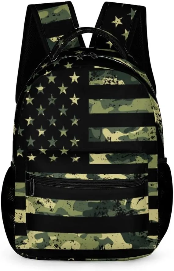 American Flag Camo Backpack for Boys USA Flag Camouflage Backpack, Kids Camouflage Backpack, Green Boys Camo Backpack, Elementary Middle High School Bags Travel Laptop Backpack,16.5 Inch