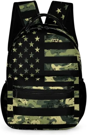 American Flag Camo Backpack for Boys USA Flag Camouflage Backpack, Kids Camouflage Backpack, Green Boys Camo Backpack, Elementary Middle High School Bags Travel Laptop Backpack,16.5 Inch
