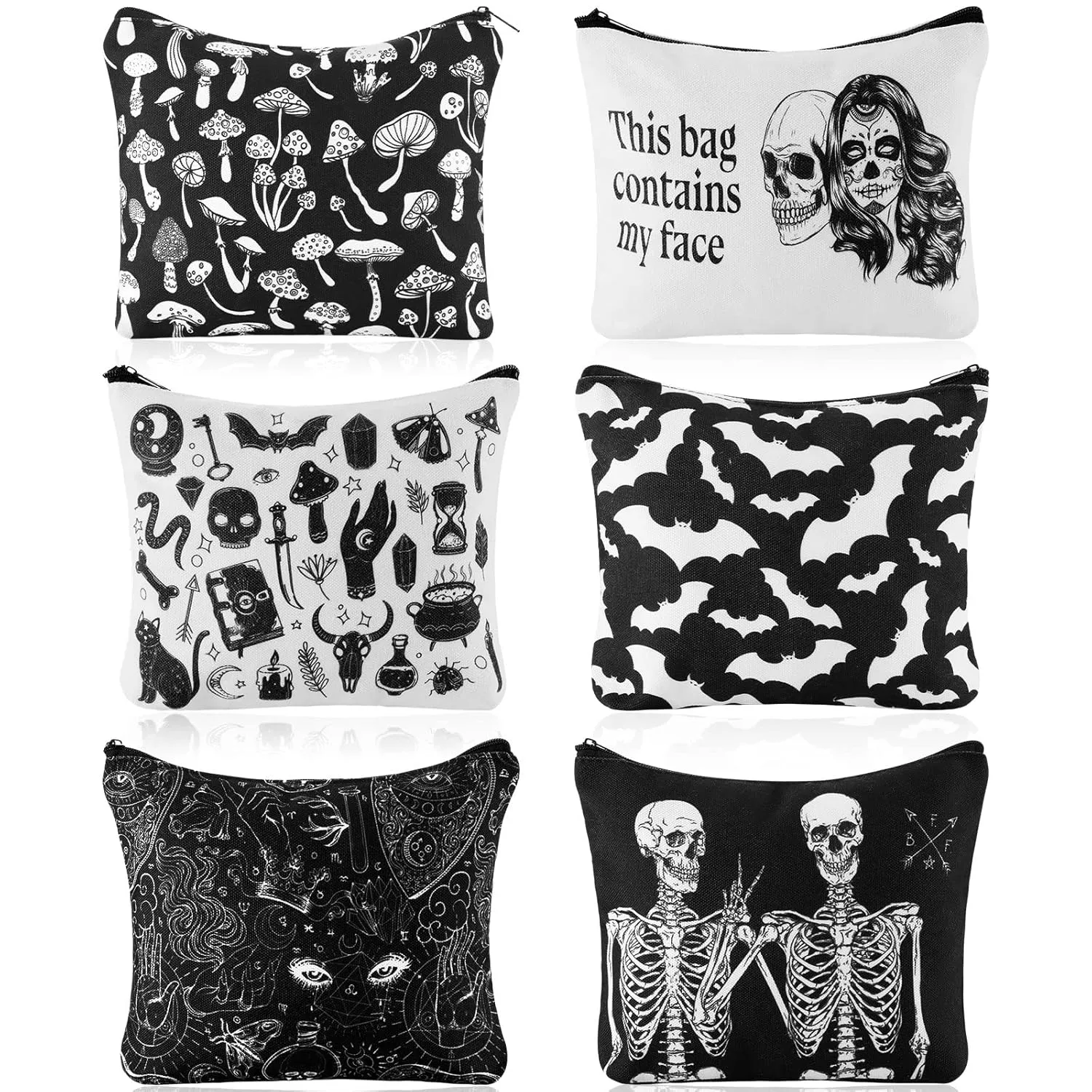 Amylove 6 Pcs Christmas Makeup Bag Goth Purse Gift for Women This Bag Contains My Face Cosmetic Makeup Zipper Pouch Funny Travel Zipper Gothic Purse Bat Mushroom Goth Spooky Gifts for Women Period