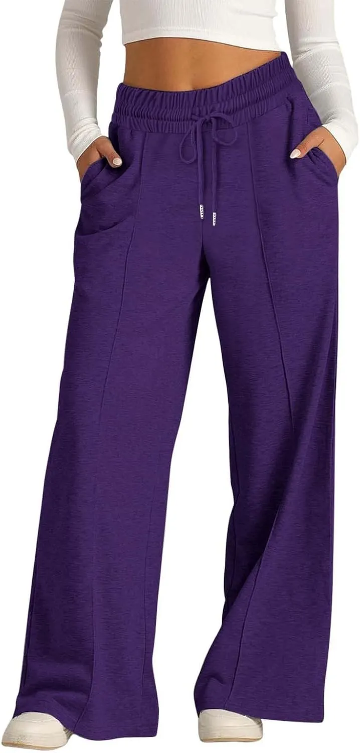 Aniywn Sweatpants Women Baggy Wide Leg Elastic Drawstring Straight Leg Lounge Pants Open Bottom High Waist Joggers Trouser