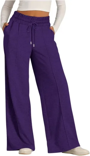 Aniywn Sweatpants Women Baggy Wide Leg Elastic Drawstring Straight Leg Lounge Pants Open Bottom High Waist Joggers Trouser