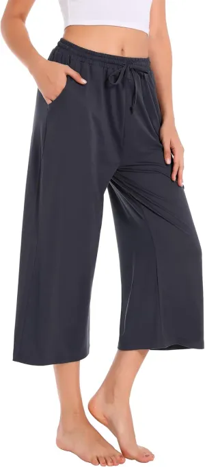 Annenmy Womens Capri Yoga Pants Wide Leg Gym Shorts Quick Dry Drawstring Pants Loose Workout Capris Sweatpants with Pockets