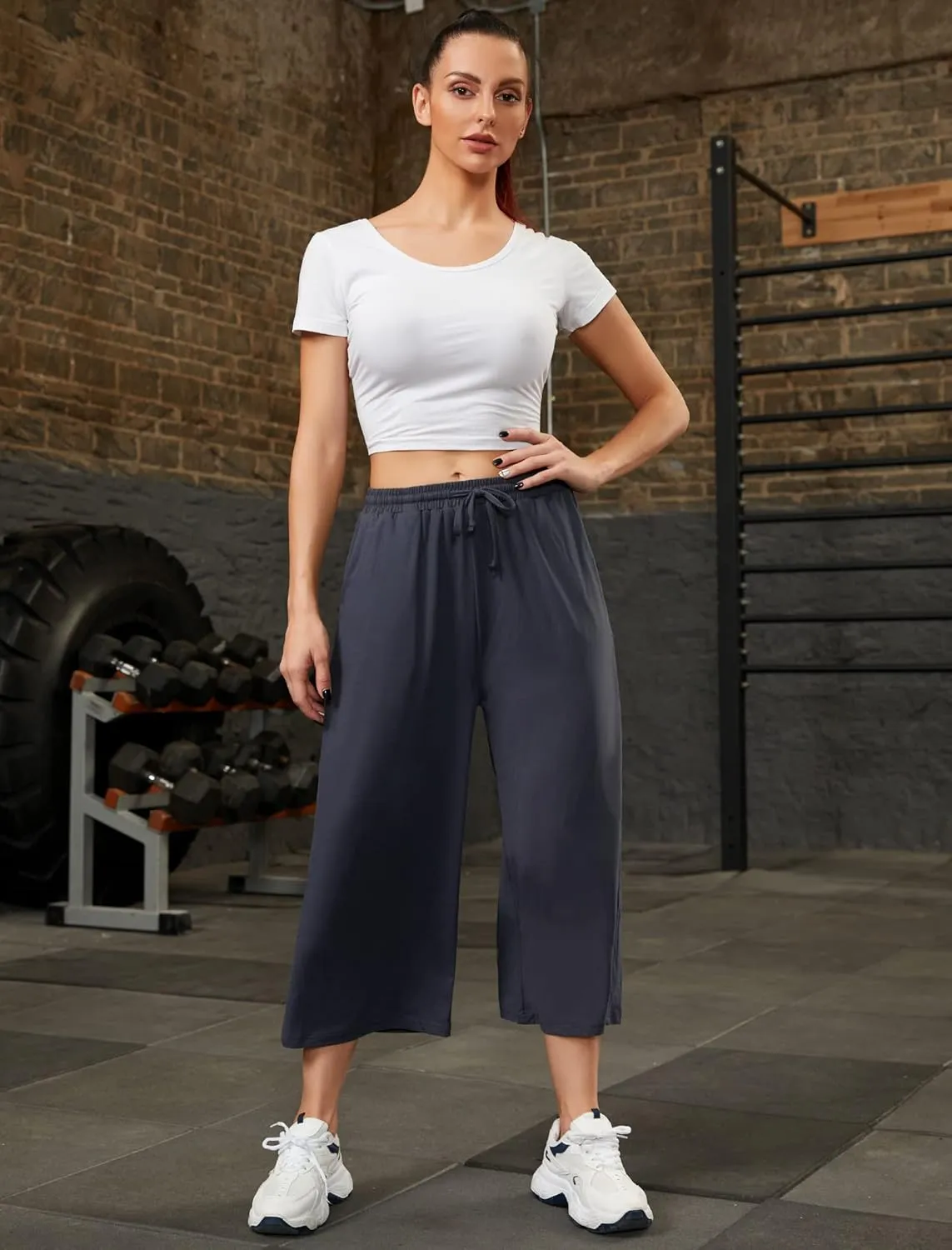 Annenmy Womens Capri Yoga Pants Wide Leg Gym Shorts Quick Dry Drawstring Pants Loose Workout Capris Sweatpants with Pockets