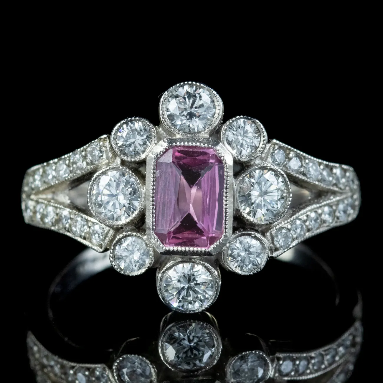 Art Deco Style Pink Sapphire Diamond Cluster Ring 0.70ct Sapphire