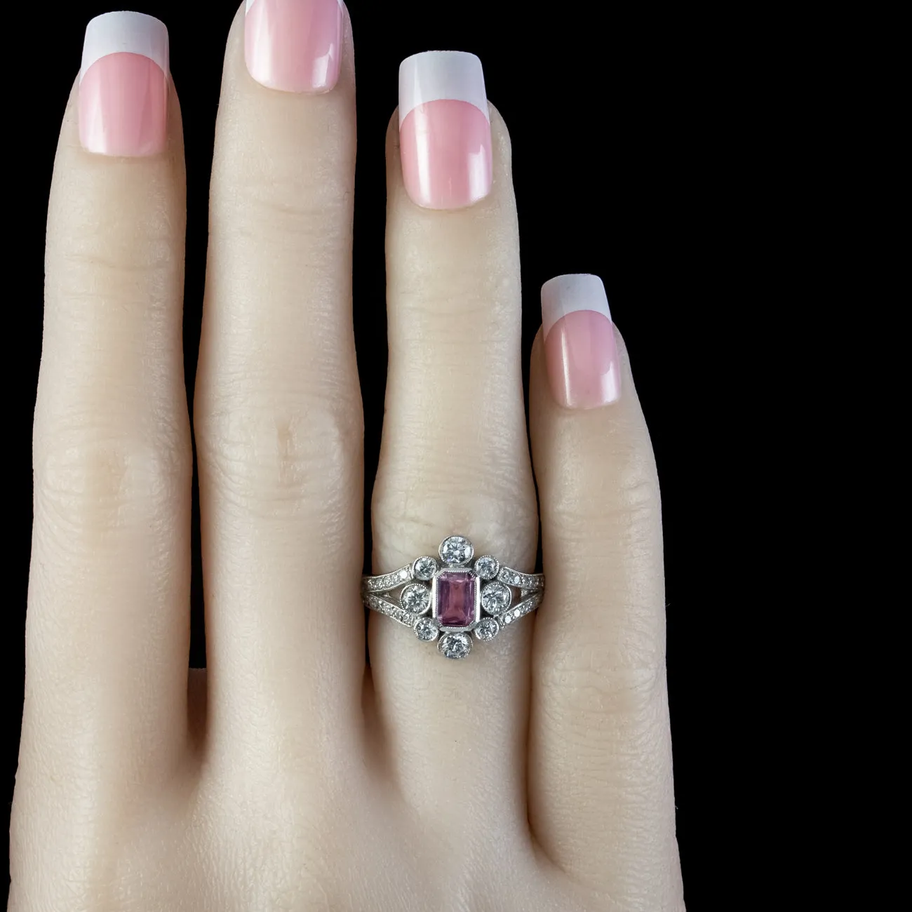 Art Deco Style Pink Sapphire Diamond Cluster Ring 0.70ct Sapphire