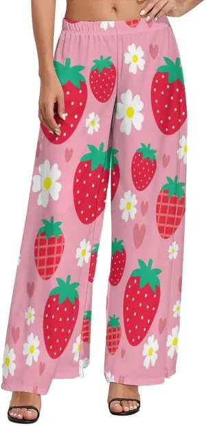 Art Strawberry Pattern Wide Leg Pants for Women Elastic High Waisted Womens Casual Palazzo Lounge Pants