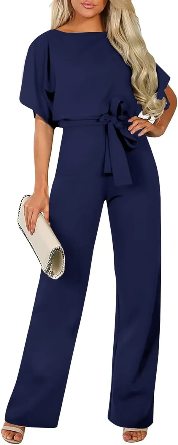 AUXDIO Womens Casual Short Sleeve Loose Crew Neck Belted Wide Leg Romper Jumpsuits