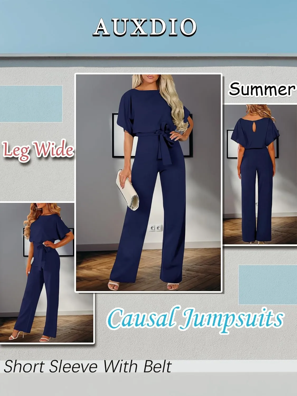 AUXDIO Womens Casual Short Sleeve Loose Crew Neck Belted Wide Leg Romper Jumpsuits