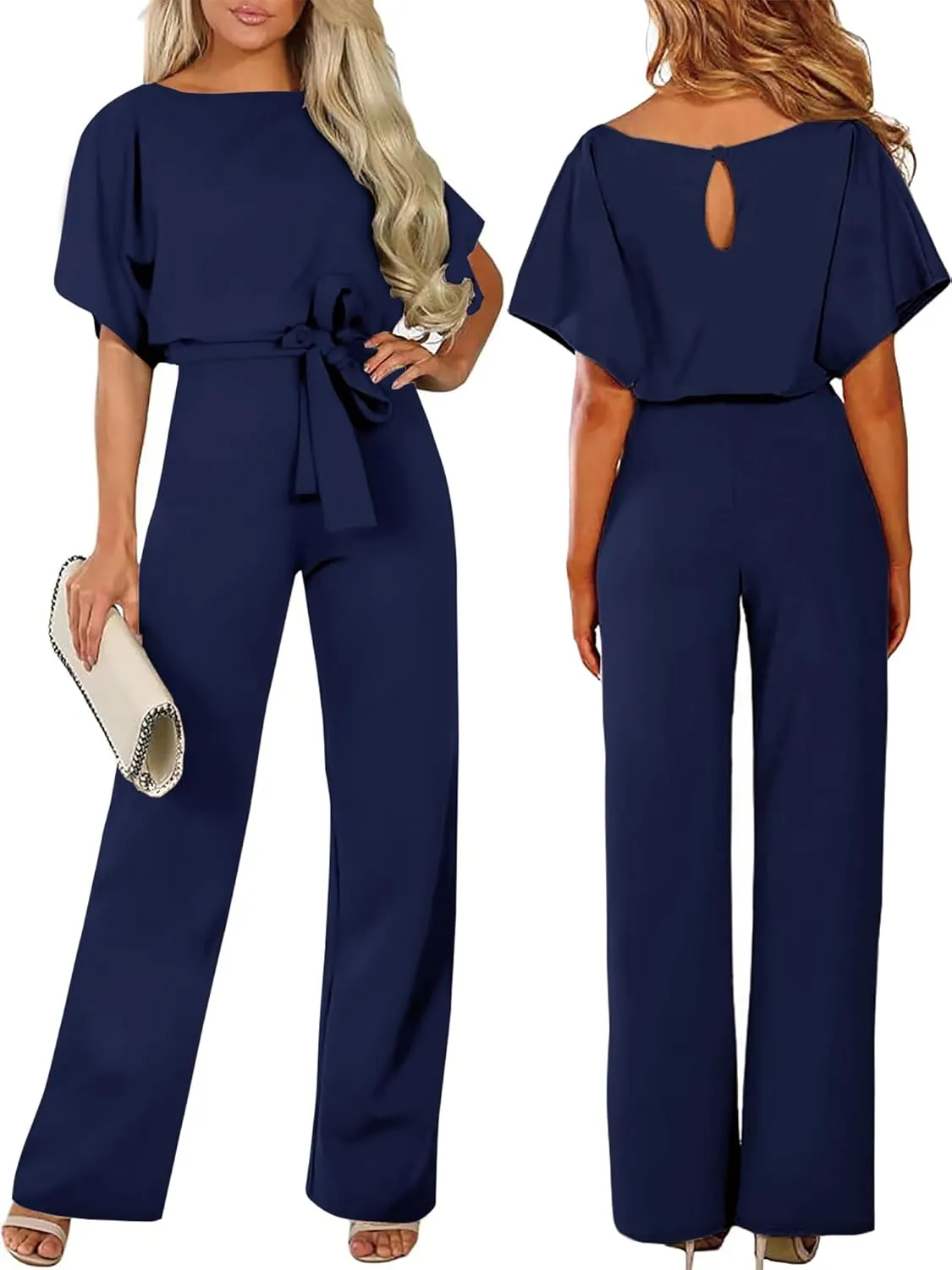 AUXDIO Womens Casual Short Sleeve Loose Crew Neck Belted Wide Leg Romper Jumpsuits