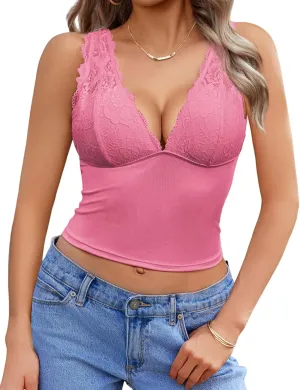 Avidlove Summer Lace Tank Tops Women's Crop Tops Sexy V Neck Tops Y2k Pink Tank Top Lace Camisole(Rose Red,L)