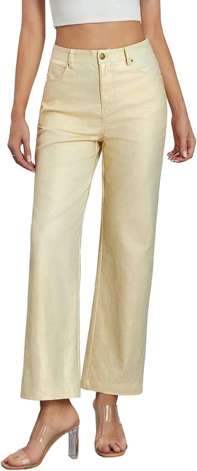 Awoscut Women's Metallic Shiny Trouser Pants Solid High Waist Disco Straight Leg Y2k Trousers for Party Dance Streetwear