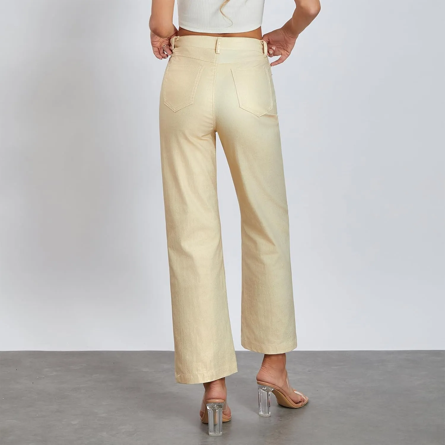 Awoscut Women's Metallic Shiny Trouser Pants Solid High Waist Disco Straight Leg Y2k Trousers for Party Dance Streetwear