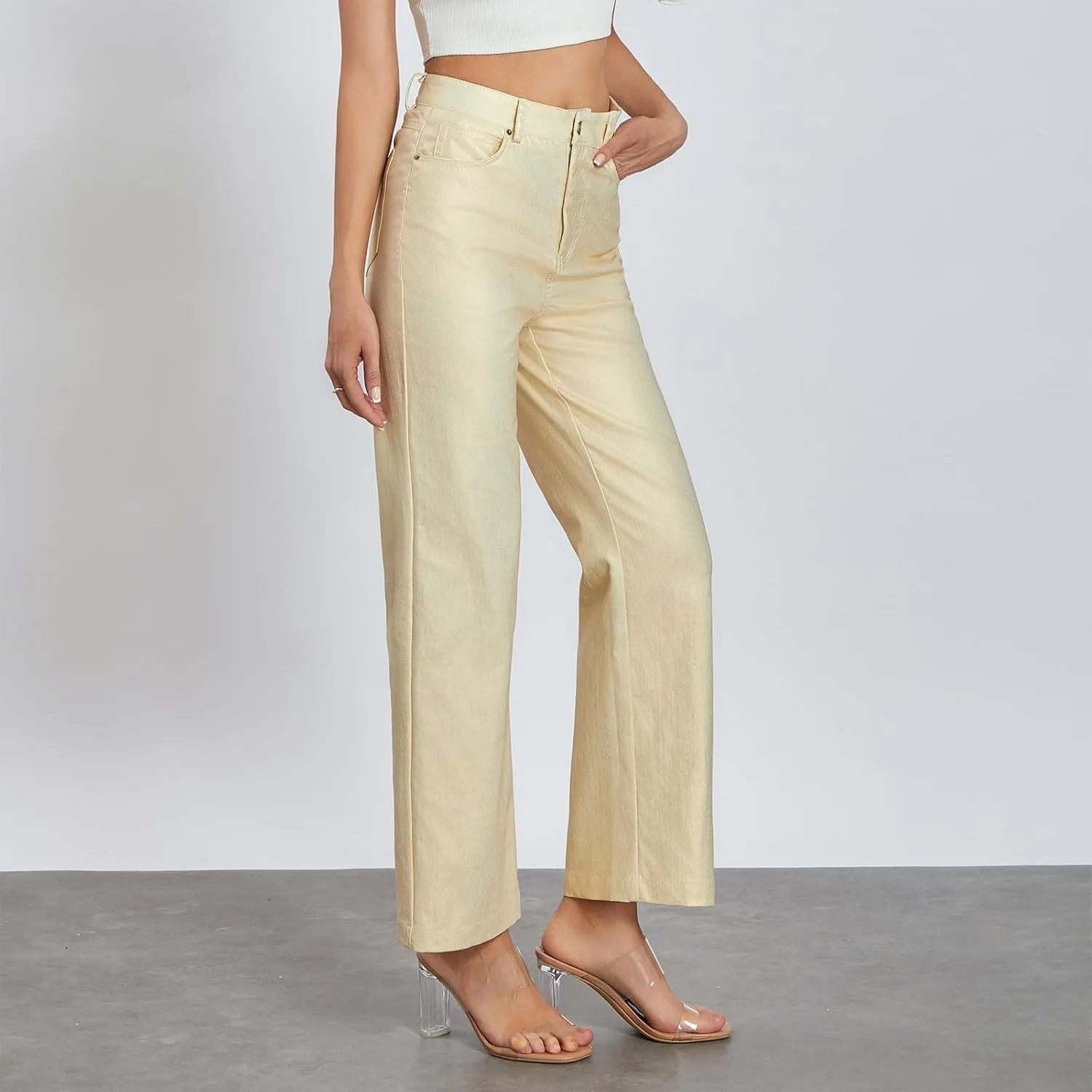 Awoscut Women's Metallic Shiny Trouser Pants Solid High Waist Disco Straight Leg Y2k Trousers for Party Dance Streetwear