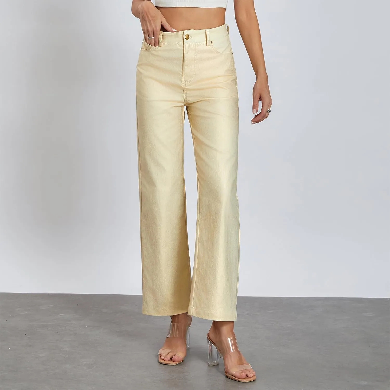 Awoscut Women's Metallic Shiny Trouser Pants Solid High Waist Disco Straight Leg Y2k Trousers for Party Dance Streetwear