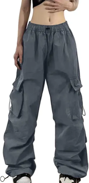 Baggy Parachute Pants for Women Elastic High Waist Lounge Cargo Pants Multiple Pockets Jogger Y2K Quick Dry Pant