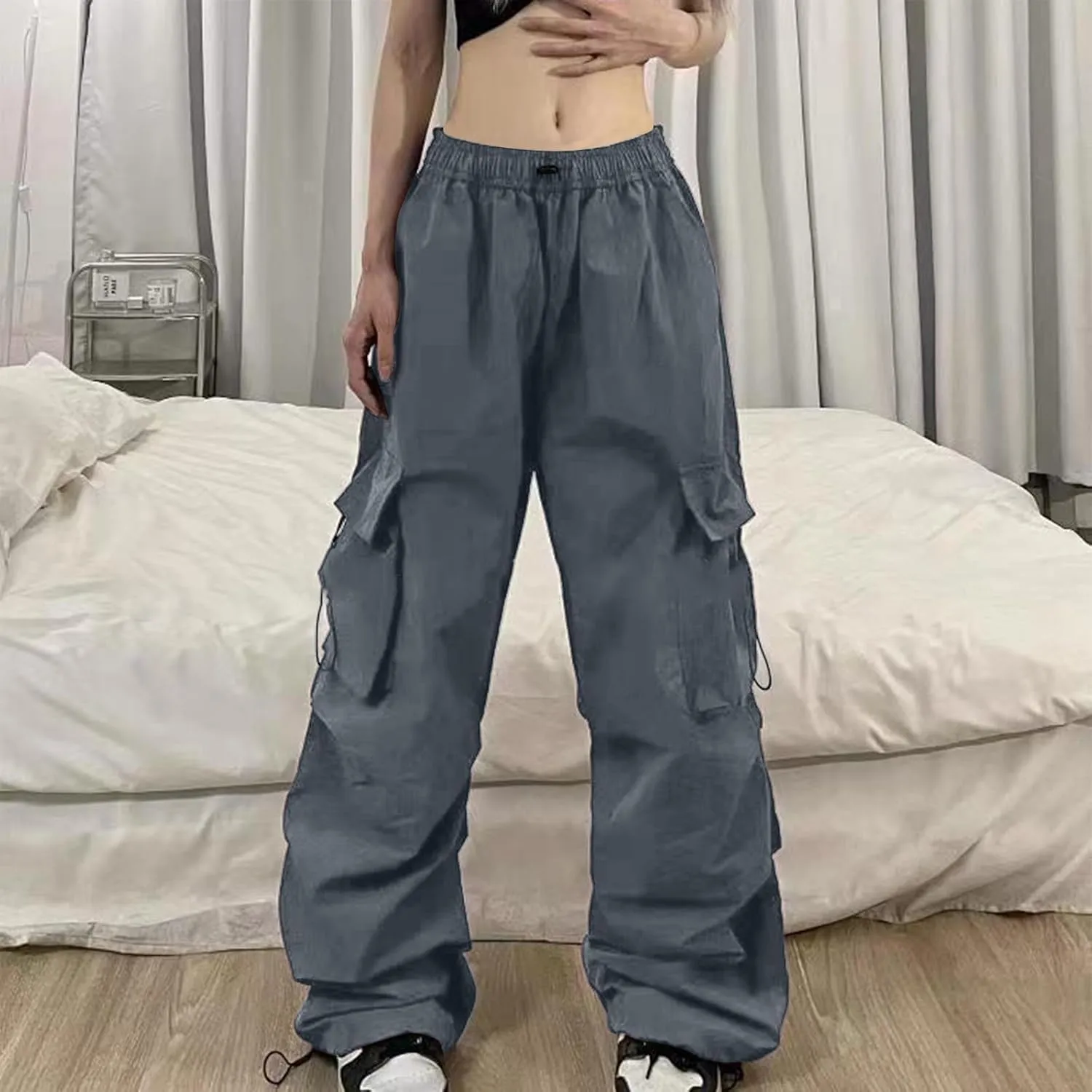 Baggy Parachute Pants for Women Elastic High Waist Lounge Cargo Pants Multiple Pockets Jogger Y2K Quick Dry Pant