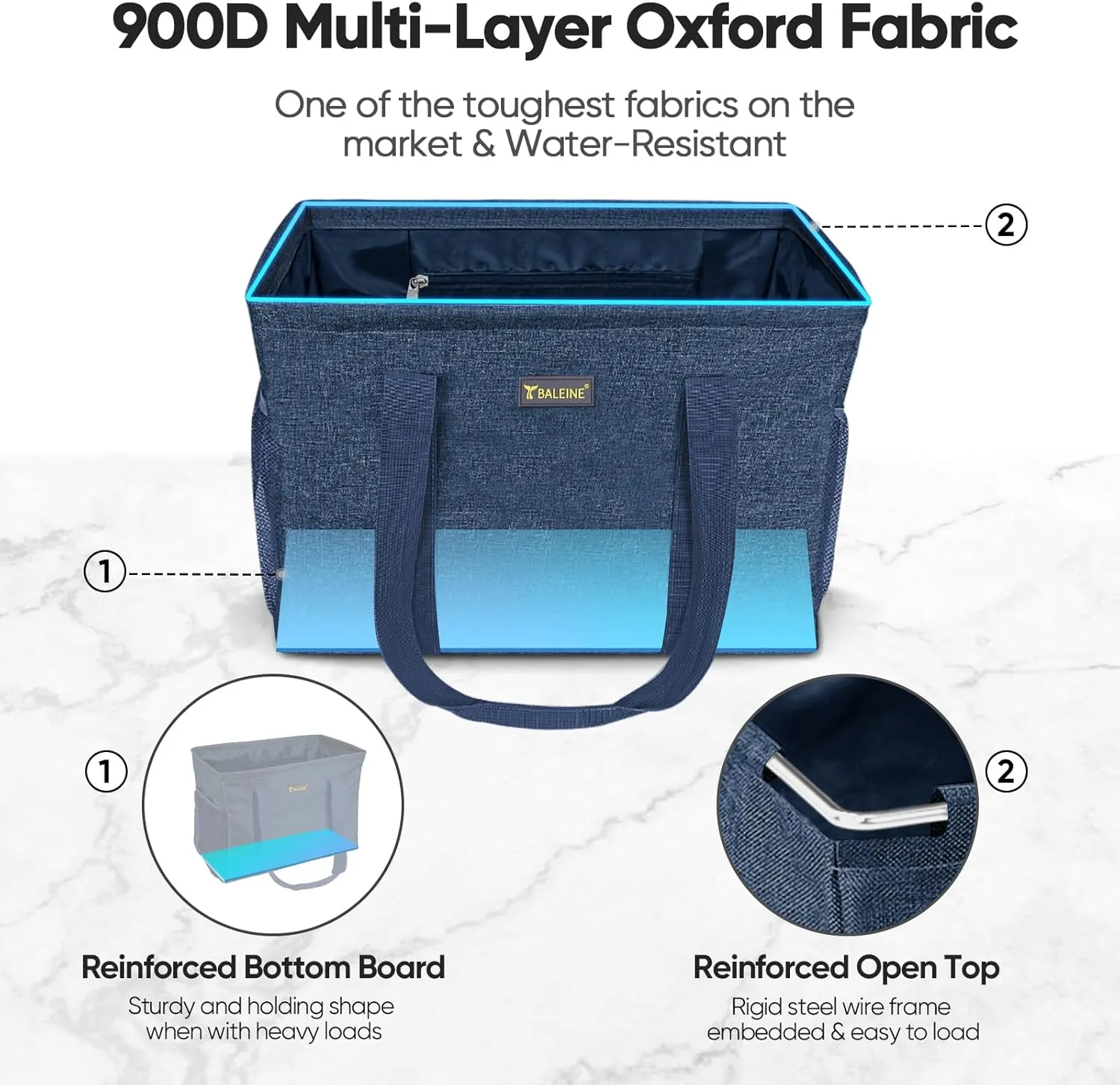 BALEINE Extra Large Utility Tote Bag with Wire Frame for Storage (Blue, 16.5''x14''x10'')