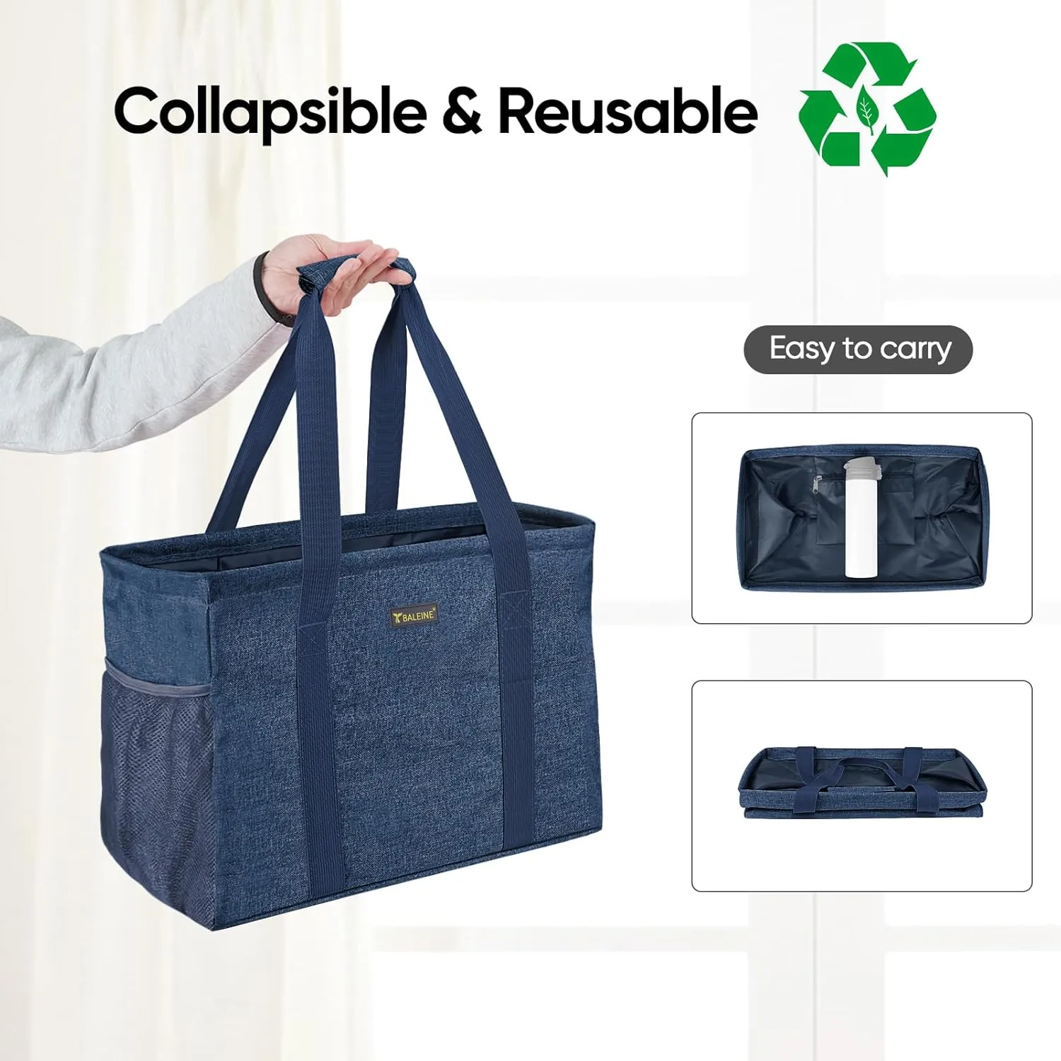 BALEINE Extra Large Utility Tote Bag with Wire Frame for Storage (Blue, 16.5''x14''x10'')