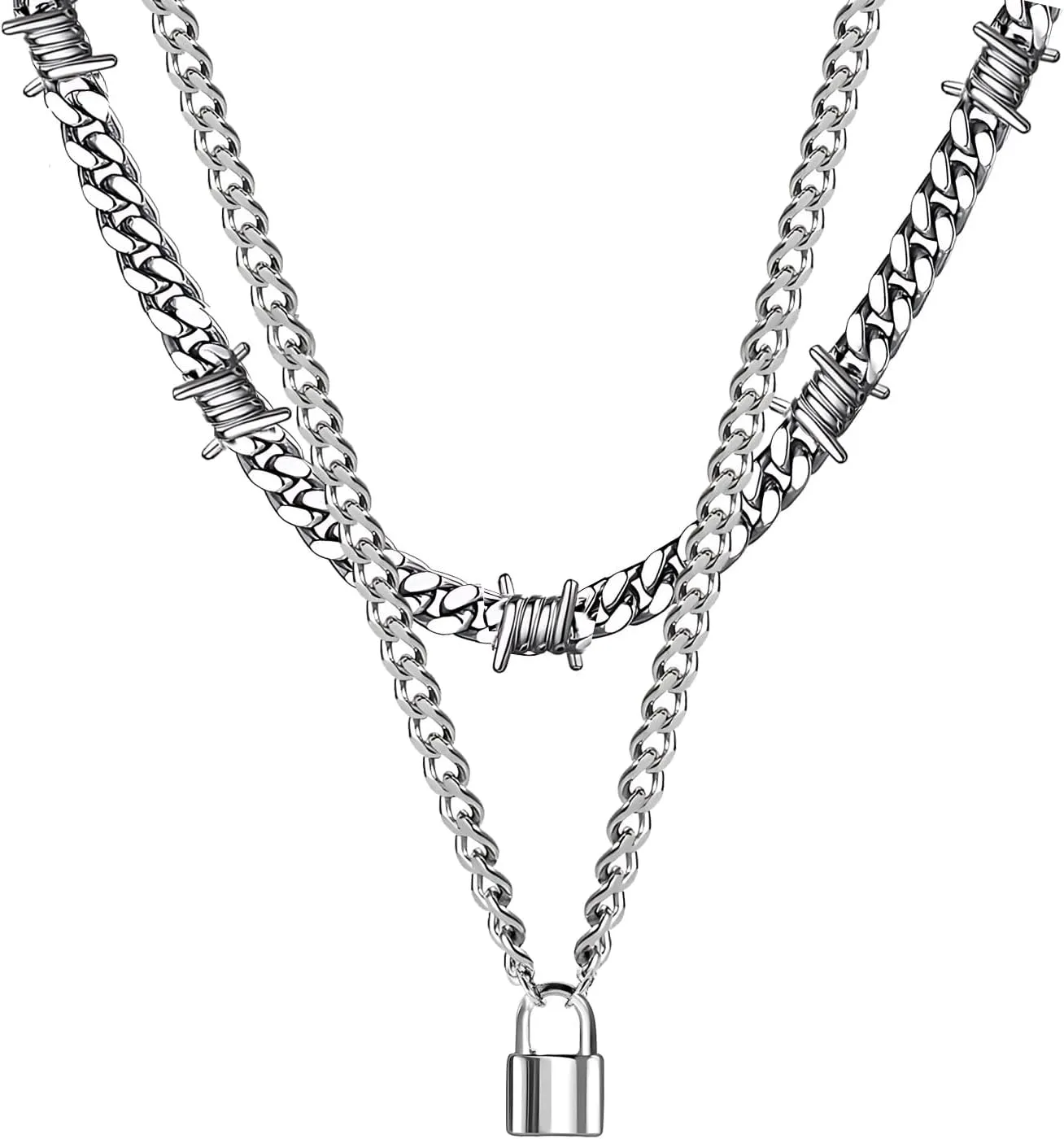 Barb Wire Choker Necklace Lock Pendant Necklace for Men Women Stainless Steel Layered Gothic Thorns Punk Chunky Chain Necklaces