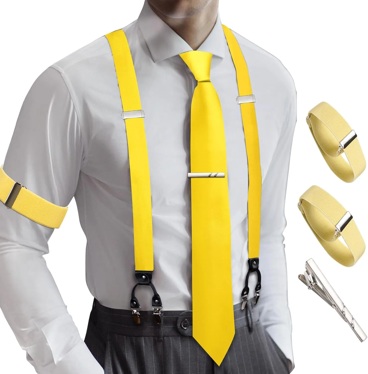 Barry.Wang Men Suspender Set with Necktie Elastic Y Type Heavy Duty 6 Clips Braces Tie Handkerchief Cufflink Pin 6PCS