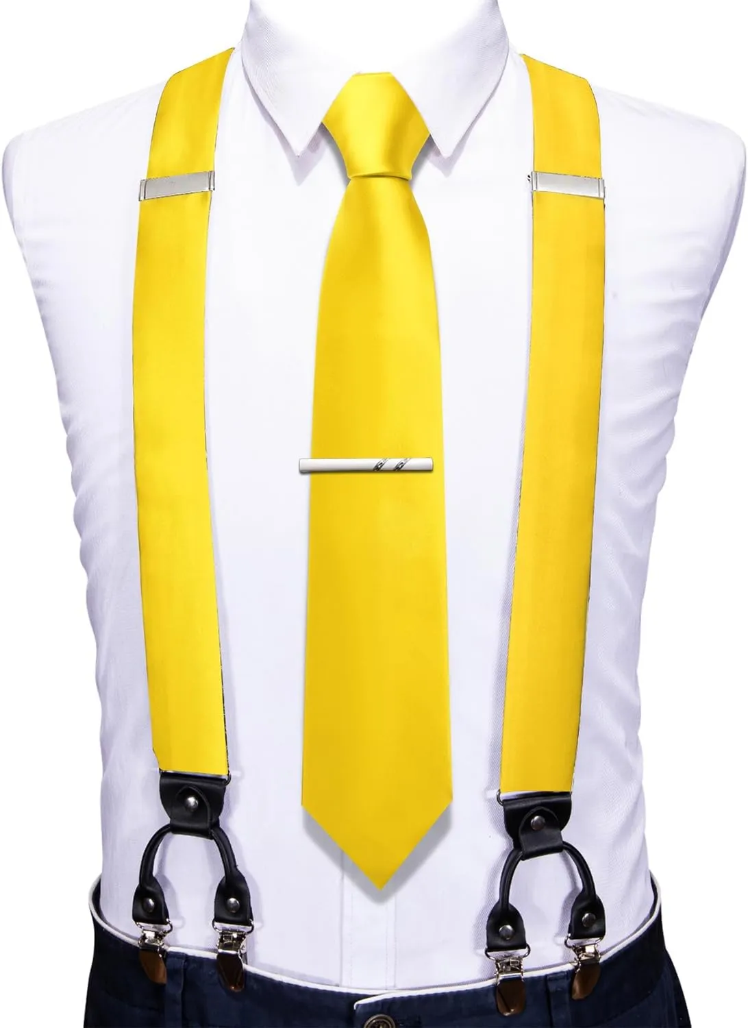Barry.Wang Men Suspender Set with Necktie Elastic Y Type Heavy Duty 6 Clips Braces Tie Handkerchief Cufflink Pin 6PCS