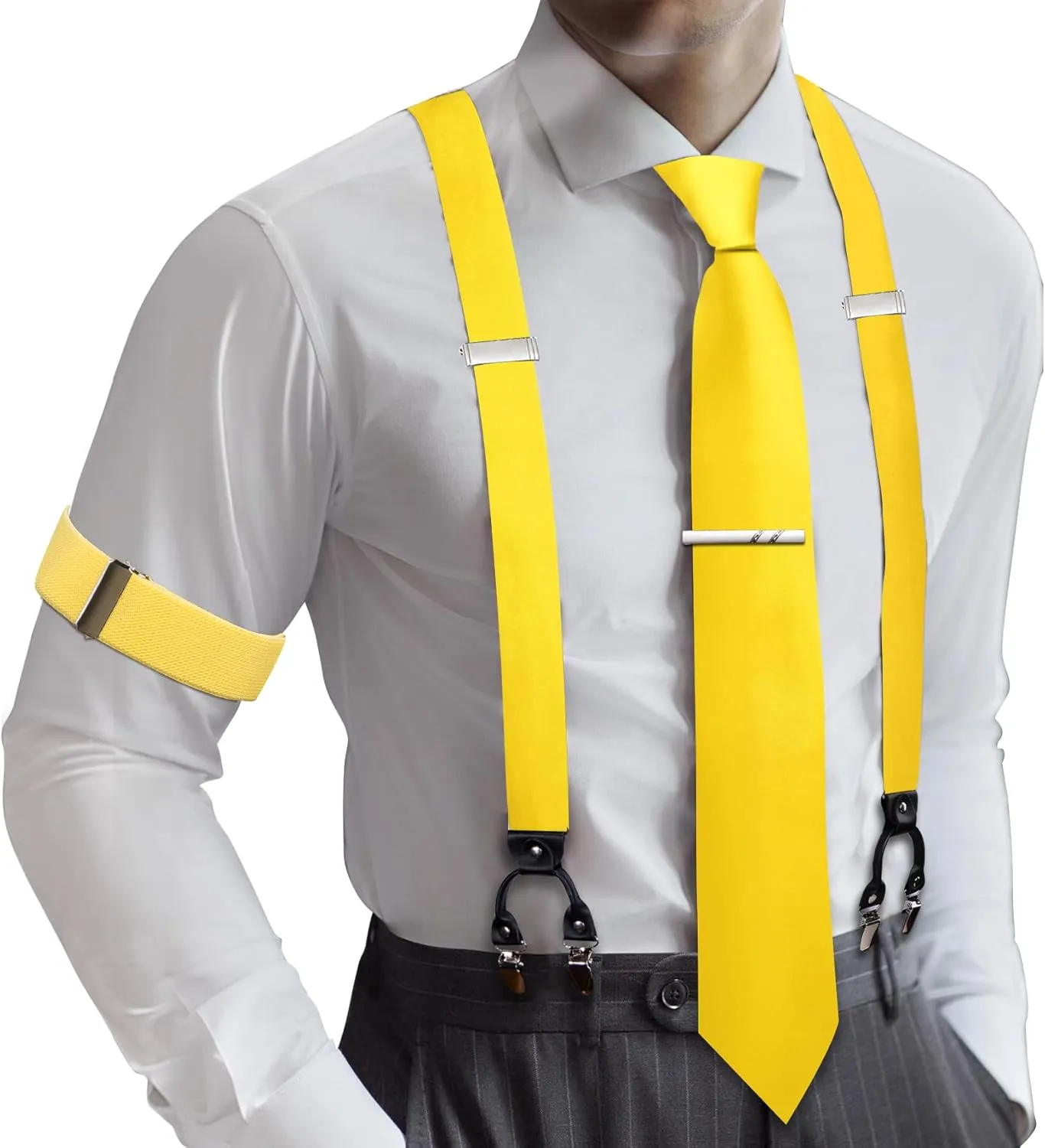 Barry.Wang Men Suspender Set with Necktie Elastic Y Type Heavy Duty 6 Clips Braces Tie Handkerchief Cufflink Pin 6PCS