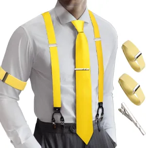 Barry.Wang Men Suspender Set with Necktie Elastic Y Type Heavy Duty 6 Clips Braces Tie Handkerchief Cufflink Pin 6PCS