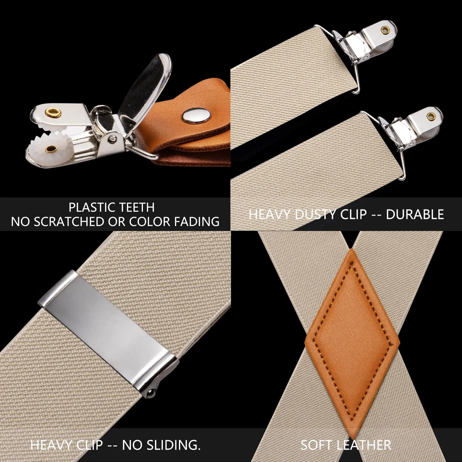 Barry.Wang Solid Suspenders and Silk Tie Sets for Men Adjustable X-Back 6 Clips Wedding Necktie Pocket Square Tie Clip 4PCS