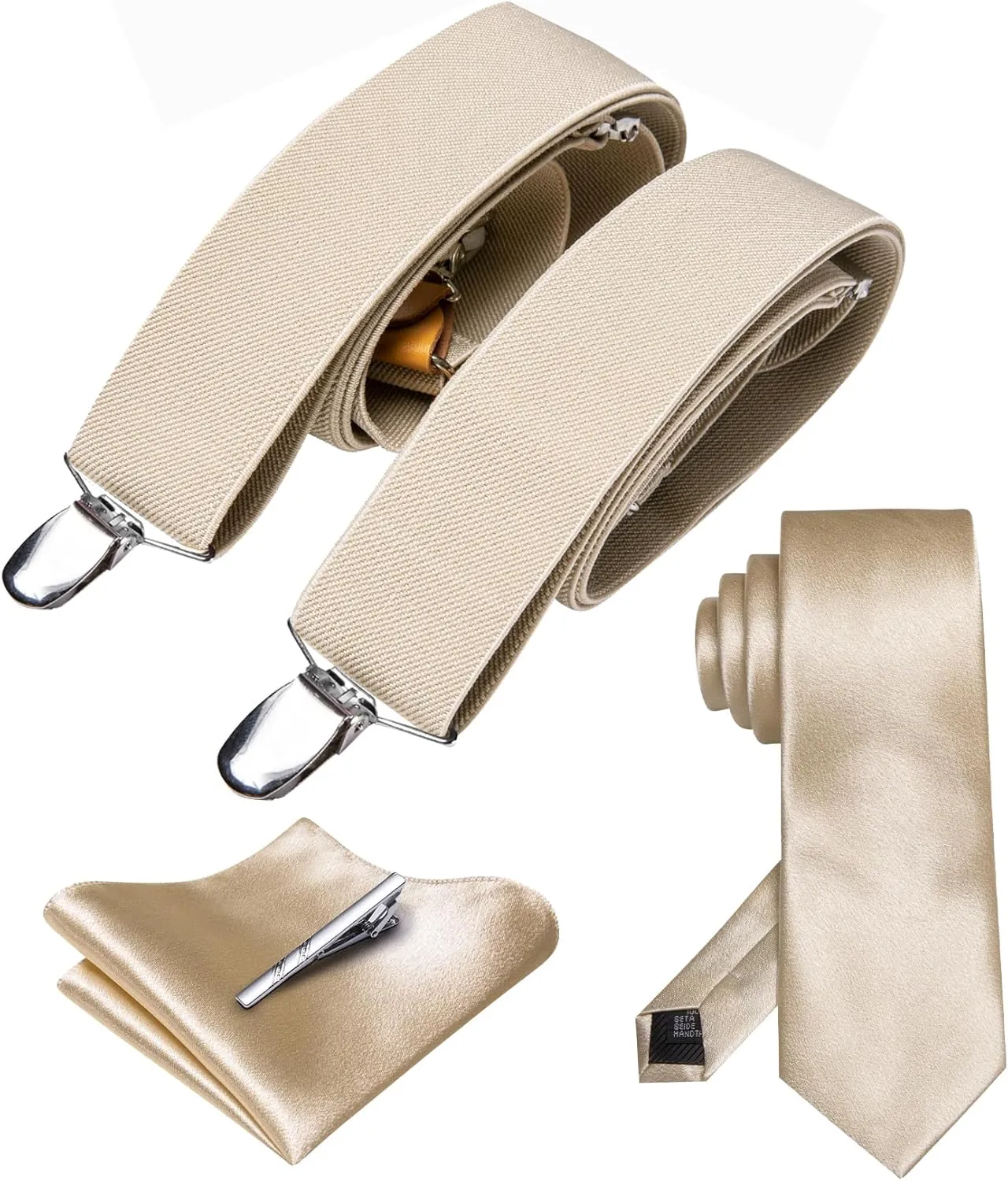 Barry.Wang Solid Suspenders and Silk Tie Sets for Men Adjustable X-Back 6 Clips Wedding Necktie Pocket Square Tie Clip 4PCS